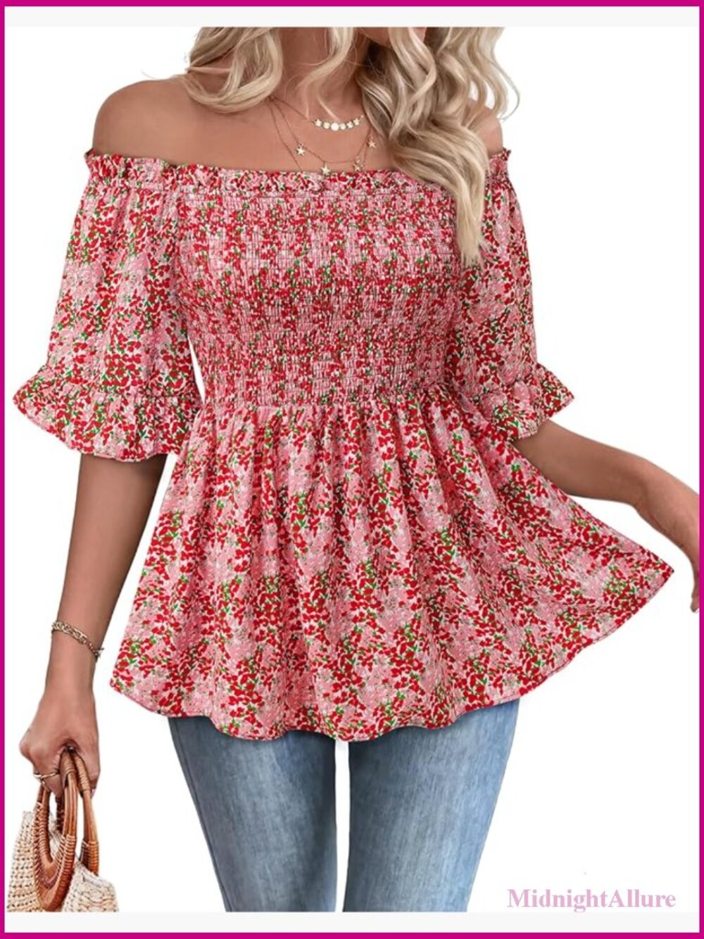 Off Shoulder Peplum Blouse Smocked Summer Boho Tunic Top